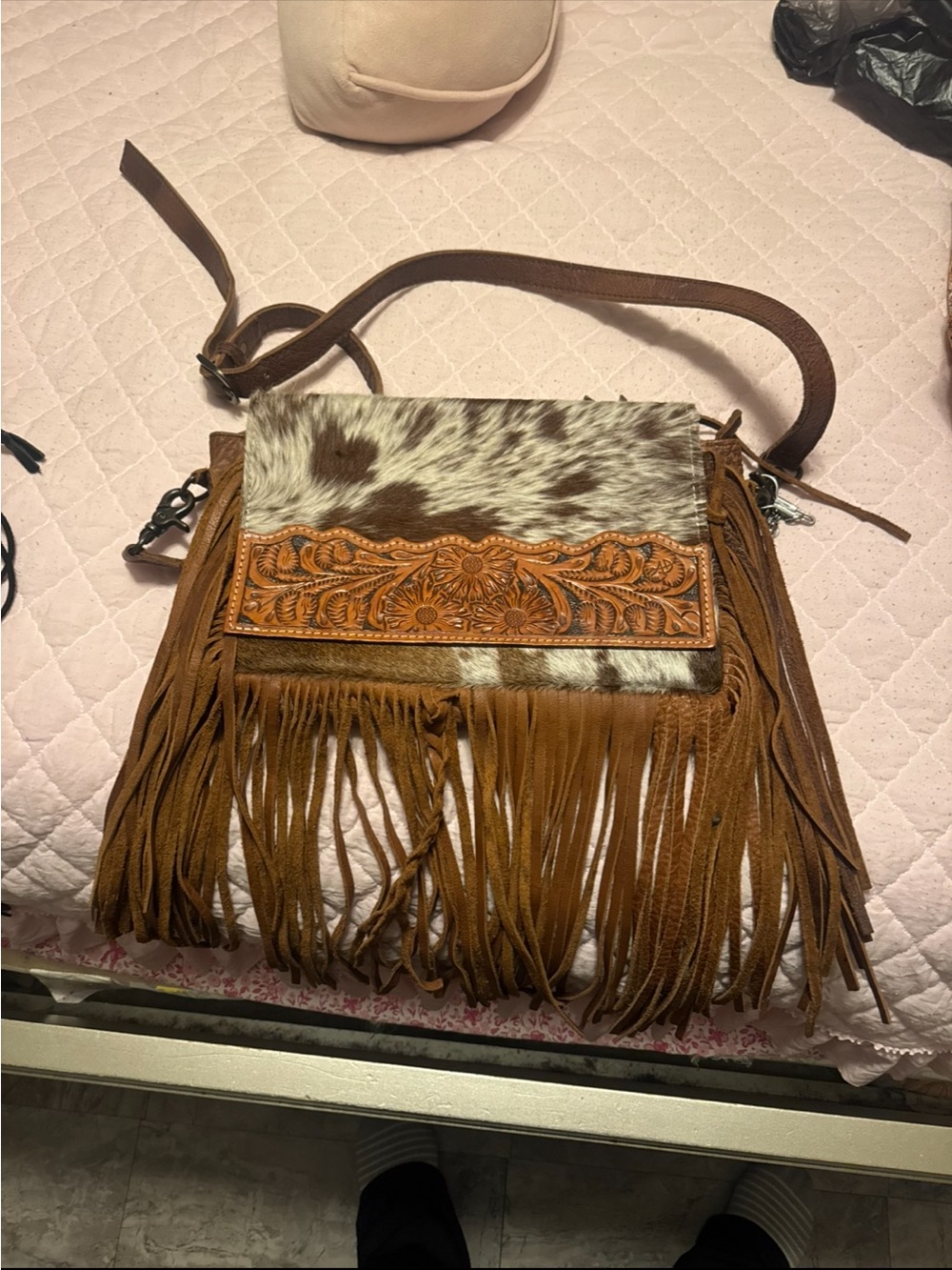 Brown Tooled Leather & Cowhide Fringe Crossbody Bag